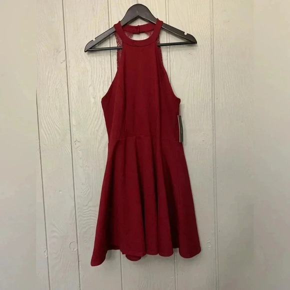 Lulus Hometown Girl Red Wine Lace Skater Mini Dress Halter Open Back | size XL - Picture 5 of 11
